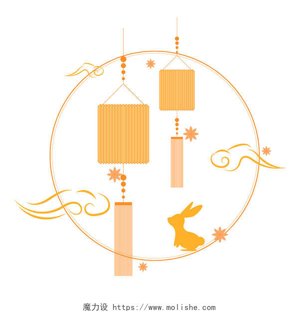 简约手绘中秋边框中式边框中秋月亮月饼兔子线性边框PNG素材